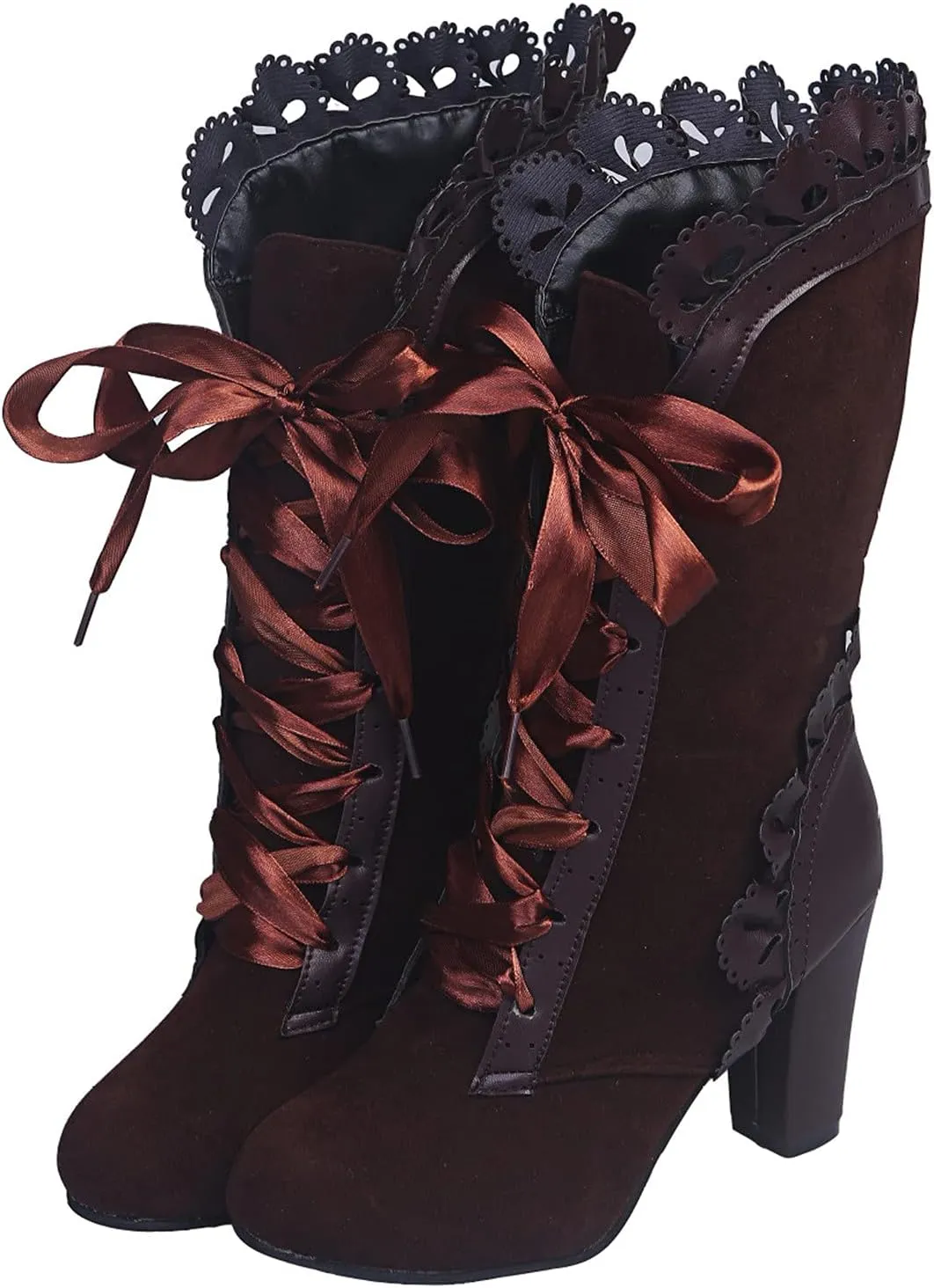 Gothic Boots for Women Halloween Womens Mid Calf Boots Gothic Chunky Heel Lace Up Vintage Round Toe Knight Boots Fall