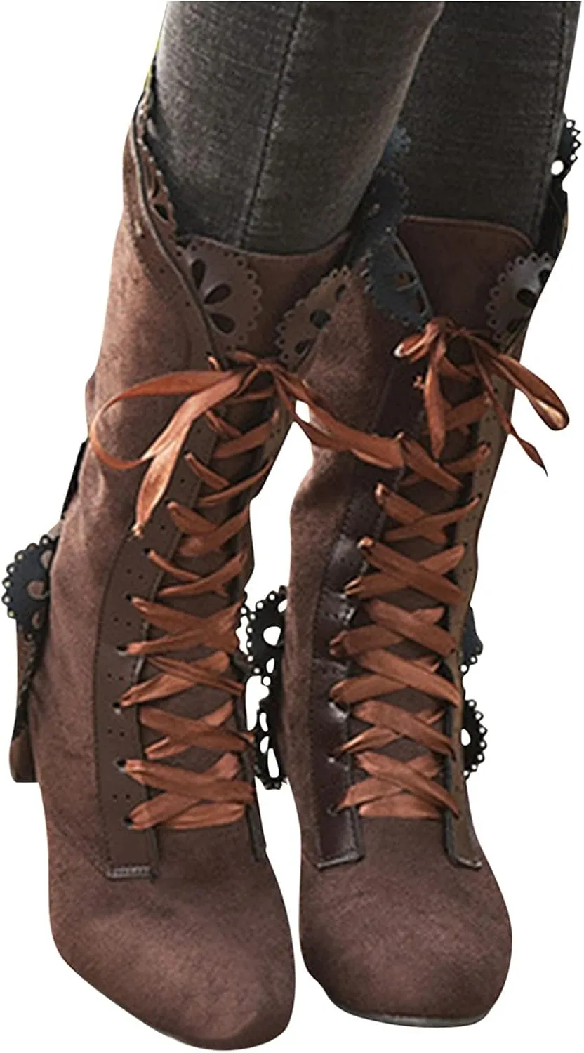 Gothic Boots for Women Halloween Womens Mid Calf Boots Gothic Chunky Heel Lace Up Vintage Round Toe Knight Boots Fall