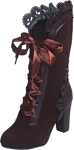 Gothic Boots for Women Halloween Womens Mid Calf Boots Gothic Chunky Heel Lace Up Vintage Round Toe Knight Boots Fall