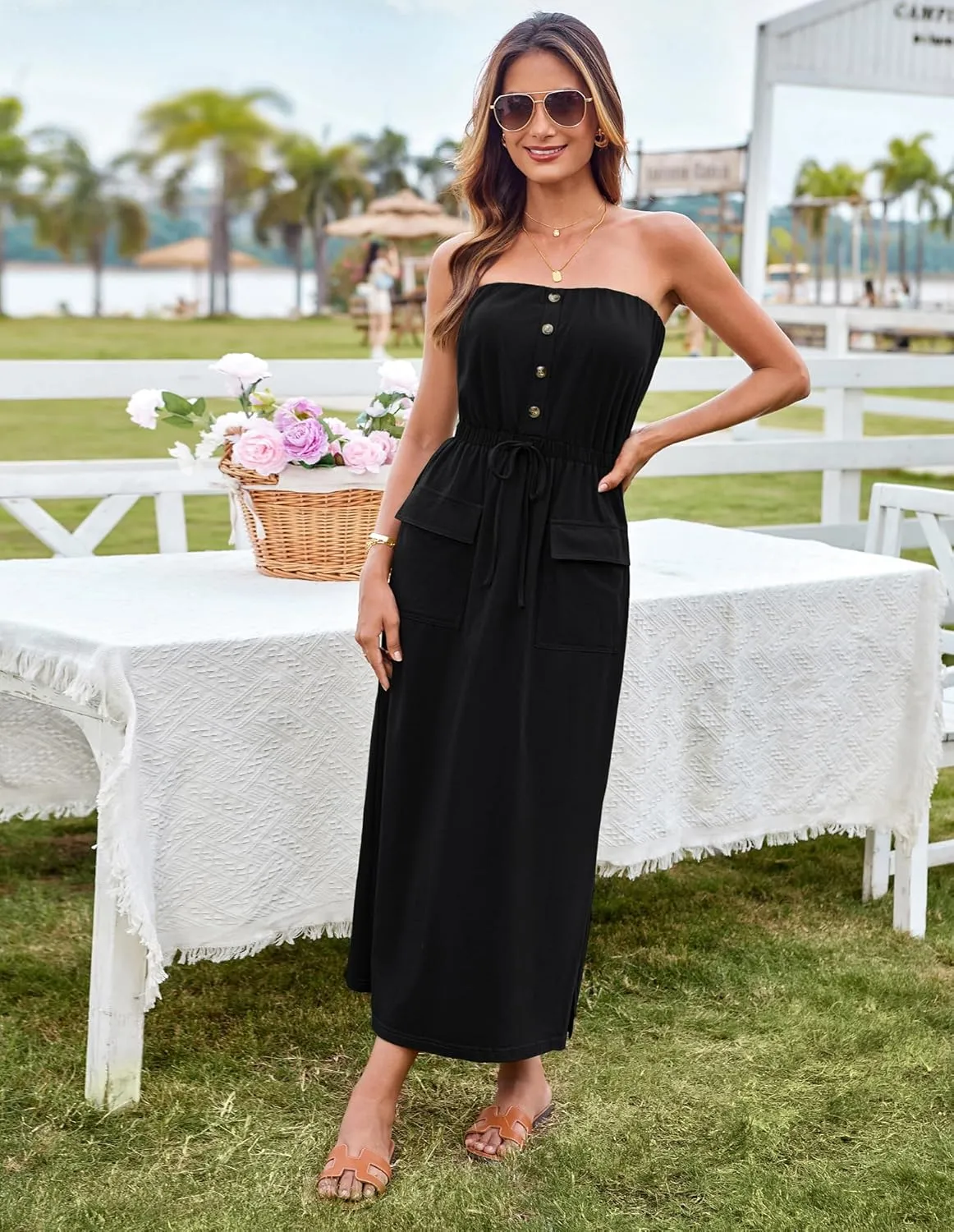 GRACE KARIN 2025 Summer Women's Strapless Maxi Dress Elastic Waist Side Slit Casual Cotton Summer Dress with Pockets