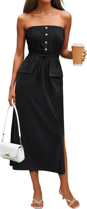 GRACE KARIN 2025 Summer Women's Strapless Maxi Dress Elastic Waist Side Slit Casual Cotton Summer Dress with Pockets
