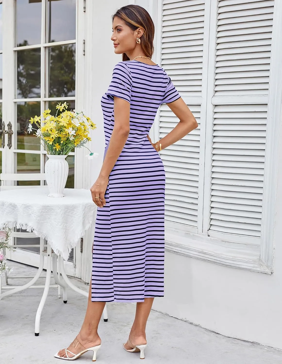 GRACE KARIN Women's 2025 Summer Striped Bodycon Dresses Casual Short Sleeve Square Neck Beach Vacation Long Dress