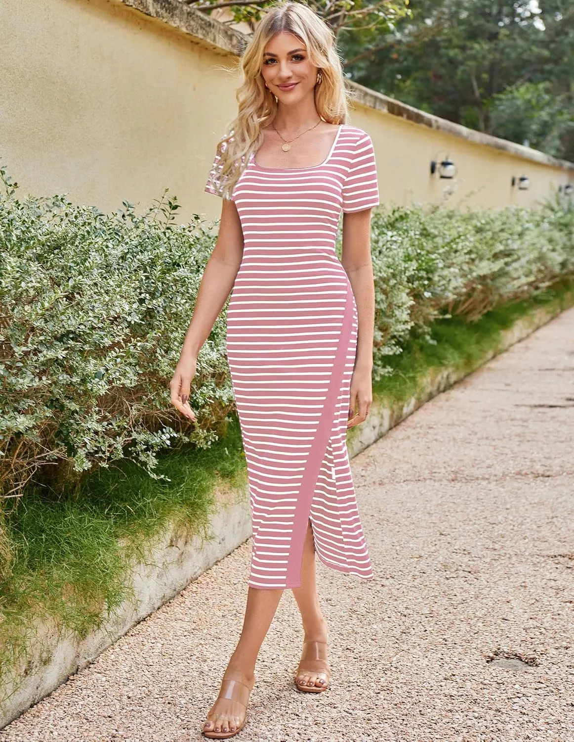GRACE KARIN Women's 2025 Summer Striped Bodycon Dresses Casual Short Sleeve Square Neck Beach Vacation Long Dress