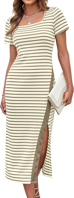 GRACE KARIN Women's 2025 Summer Striped Bodycon Dresses Casual Short Sleeve Square Neck Beach Vacation Long Dress