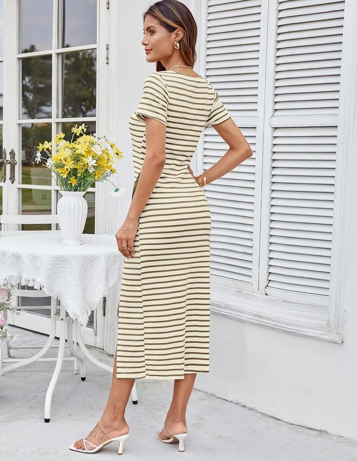 GRACE KARIN Women's 2025 Summer Striped Bodycon Dresses Casual Short Sleeve Square Neck Beach Vacation Long Dress