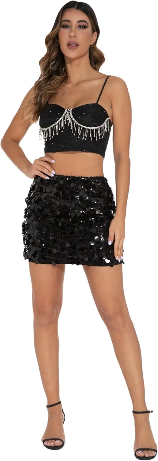 GUANYY Sequin Skirt for Women-Stretchy Bodycon Night Out Party Shine Sparkly Mini Skirts