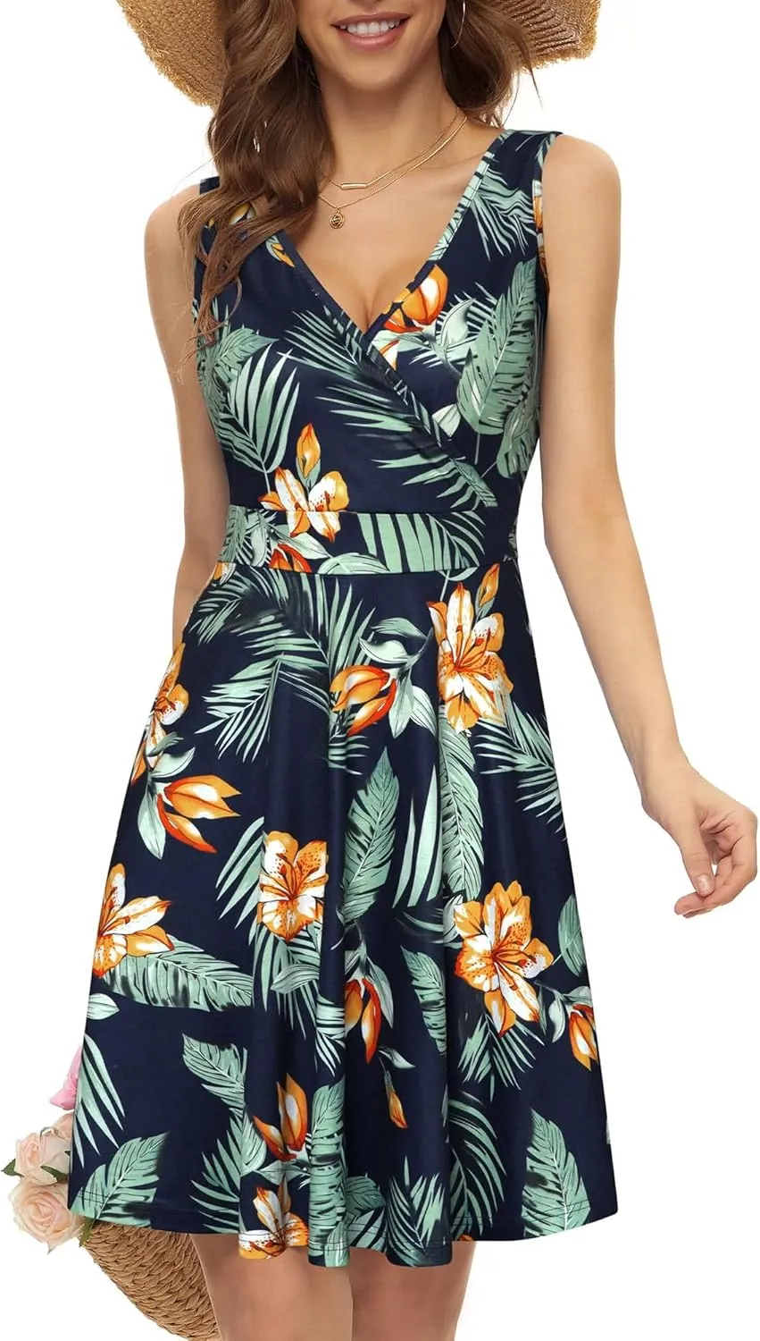 GUBERRY Womens Wrap V Neck Sleeveless Sundress Summer Flare Tank Dress with Pockets …