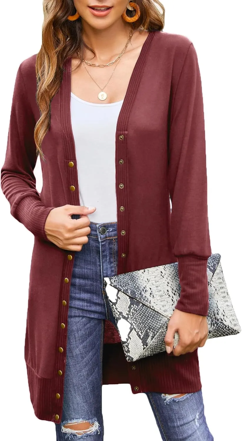 Halife Womens Long Sleeve Cardigans Lightweight Ribbed Neckline Soft Knit Cardigan Sweater with Buttons