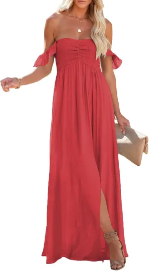 Happy Sailed Women's 2025 Summer Smocked Off The Shoulder Maxi Dresses Ruffle Short Sleeve A Line Side Slit Sundress