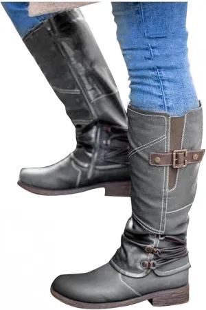 Hbeylia Boots For Women Vintage Fashion Casual Leather Round Tie Chunky Block Low Heels Motorcycle Riding Mid Calf Boots Retro Slip On Work Boots With Metal Buckle Winter Short Boots For Ladies