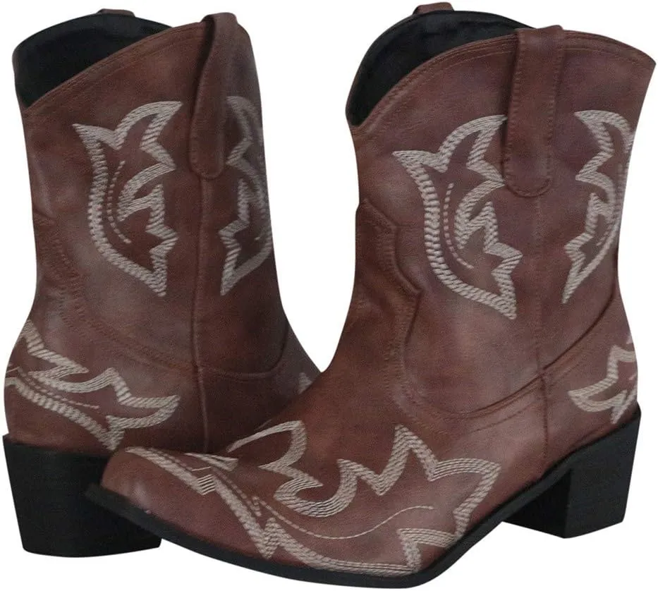 Hbeylia Cowboy Boots For Women Vintage Embroidery Pointed Toe Chunky Mid-Heels Western Cowgirls Boots Retro Slip On Wide Mid Calf Boots Riding Knight Ankle Booties
