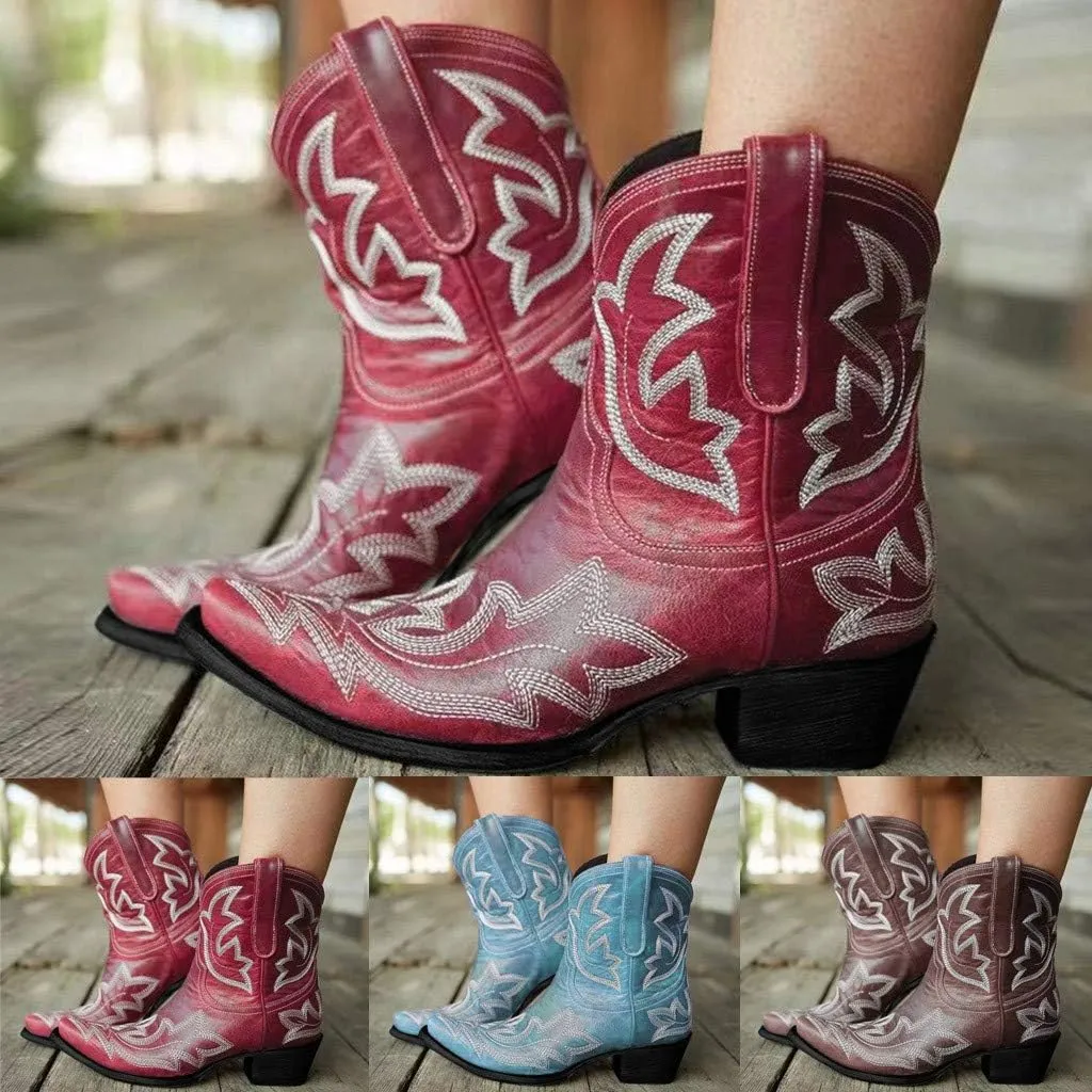 Hbeylia Cowboy Boots For Women Vintage Embroidery Pointed Toe Chunky Mid-Heels Western Cowgirls Boots Retro Slip On Wide Mid Calf Boots Riding Knight Ankle Booties