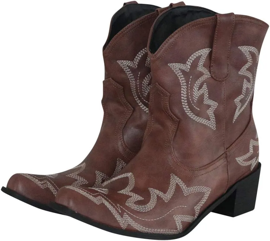 Hbeylia Cowboy Boots For Women Vintage Embroidery Pointed Toe Chunky Mid-Heels Western Cowgirls Boots Retro Slip On Wide Mid Calf Boots Riding Knight Ankle Booties