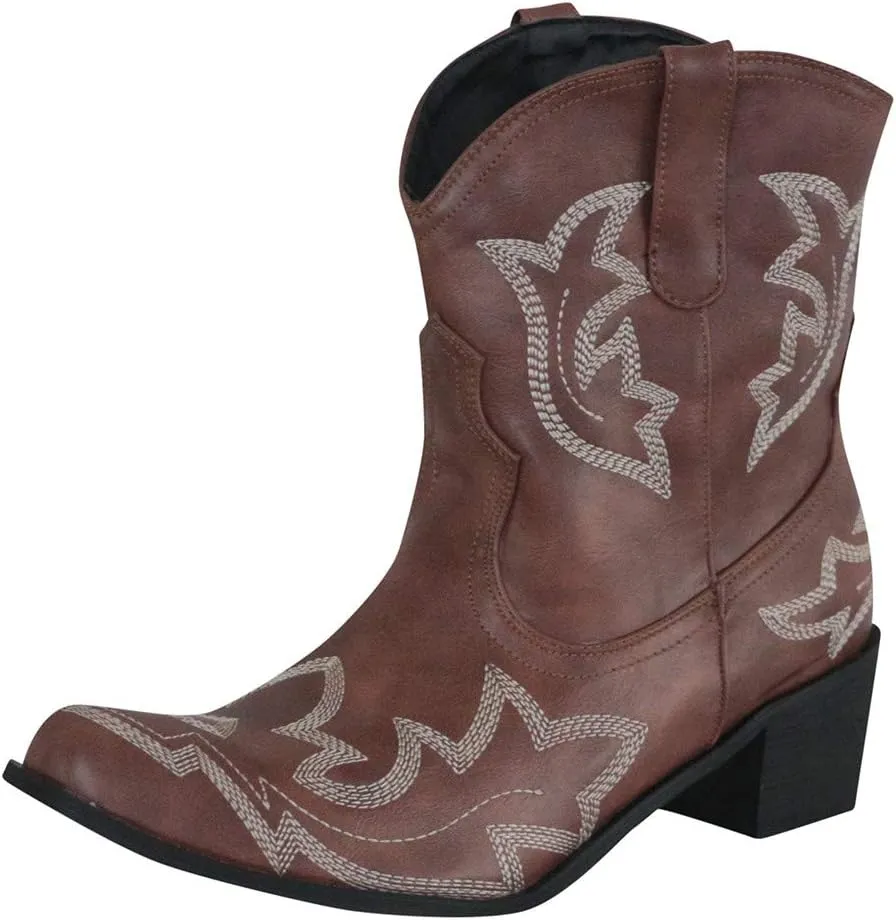 Hbeylia Cowboy Boots For Women Vintage Embroidery Pointed Toe Chunky Mid-Heels Western Cowgirls Boots Retro Slip On Wide Mid Calf Boots Riding Knight Ankle Booties
