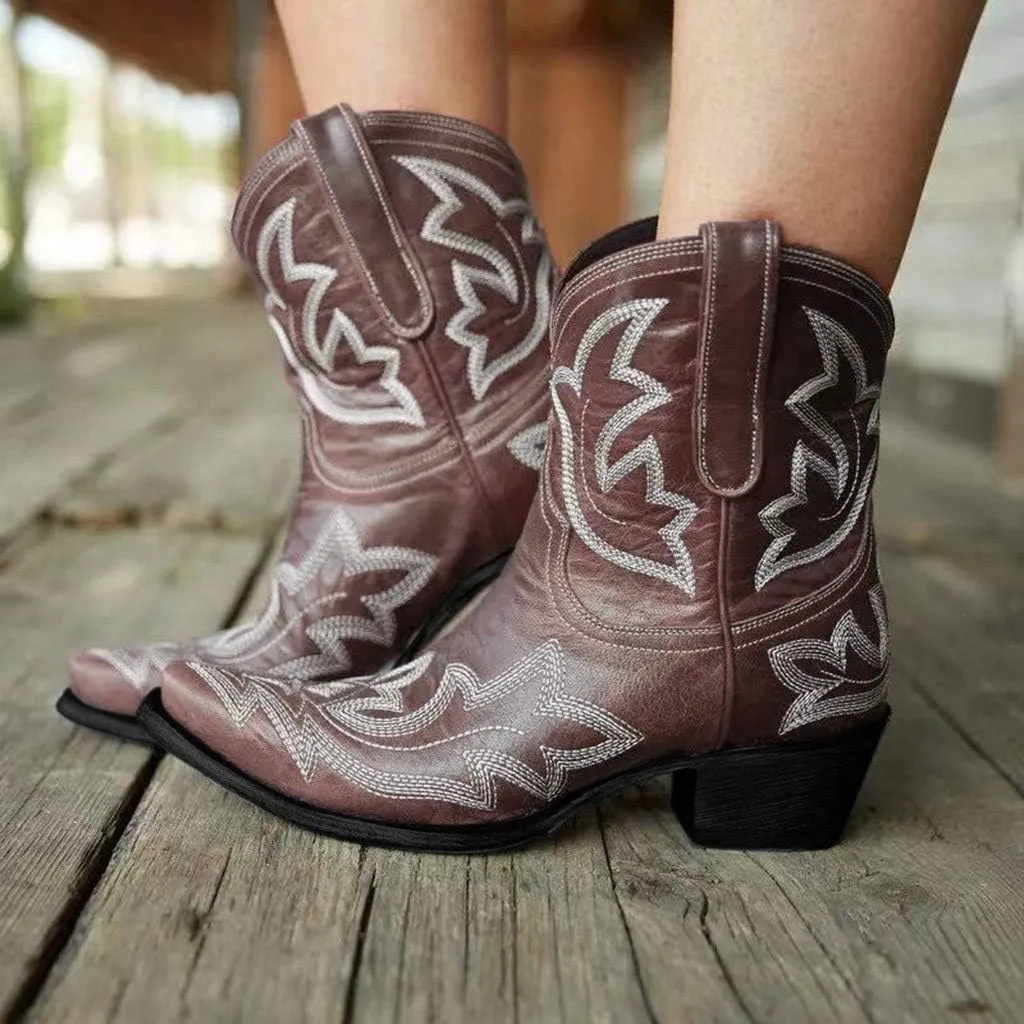 Hbeylia Cowboy Boots For Women Vintage Embroidery Pointed Toe Chunky Mid-Heels Western Cowgirls Boots Retro Slip On Wide Mid Calf Boots Riding Knight Ankle Booties