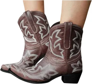 Hbeylia Cowboy Boots For Women Vintage Embroidery Pointed Toe Chunky Mid-Heels Western Cowgirls Boots Retro Slip On Wide Mid Calf Boots Riding Knight Ankle Booties