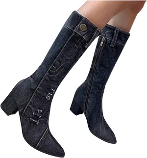 Hbeylia Knee High Jeans Tall Boots For Women Fashion Casual Punk Denim Pointed Toe Chunky Block Mid Heels Knee Length Long Boots Goth Winter Fall Dress Pump Boots For Ladies Night Party Favor
