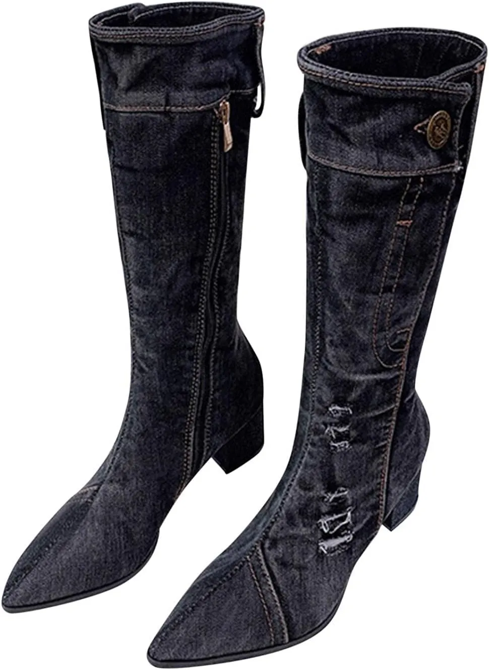 Hbeylia Knee High Jeans Tall Boots For Women Fashion Casual Punk Denim Pointed Toe Chunky Block Mid Heels Knee Length Long Boots Goth Winter Fall Dress Pump Boots For Ladies Night Party Favor