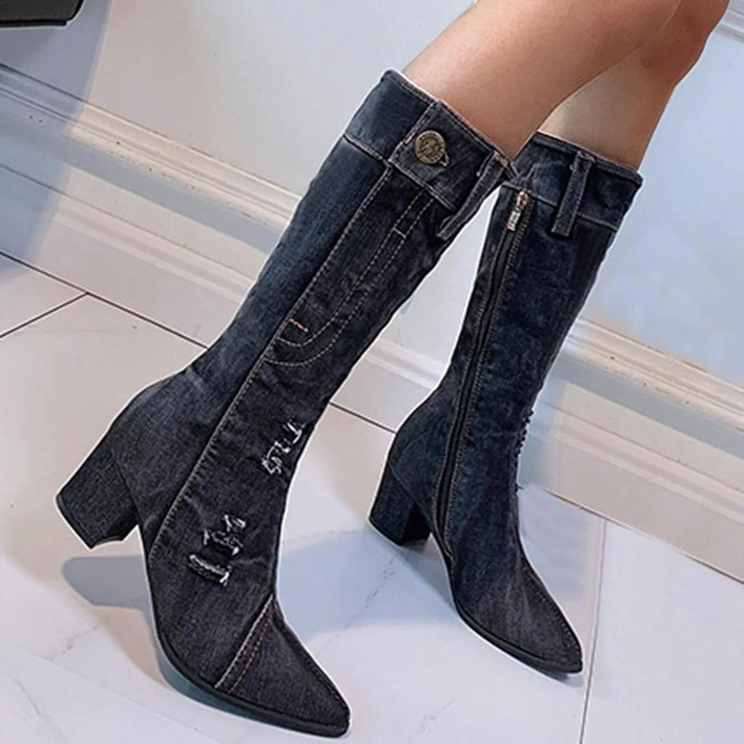 Hbeylia Knee High Jeans Tall Boots For Women Fashion Casual Punk Denim Pointed Toe Chunky Block Mid Heels Knee Length Long Boots Goth Winter Fall Dress Pump Boots For Ladies Night Party Favor