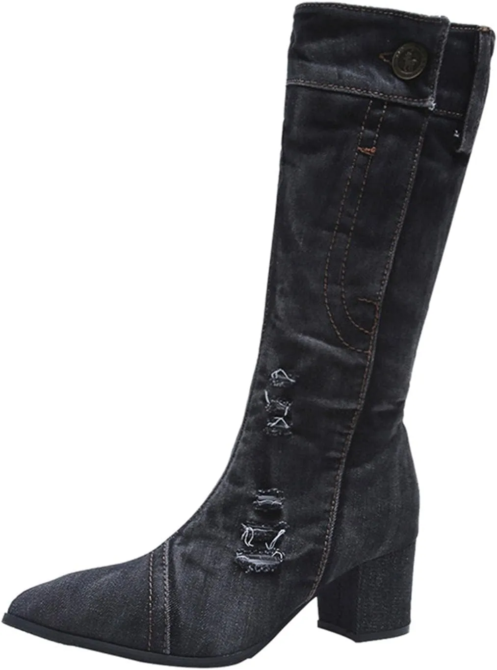 Hbeylia Knee High Jeans Tall Boots For Women Fashion Casual Punk Denim Pointed Toe Chunky Block Mid Heels Knee Length Long Boots Goth Winter Fall Dress Pump Boots For Ladies Night Party Favor