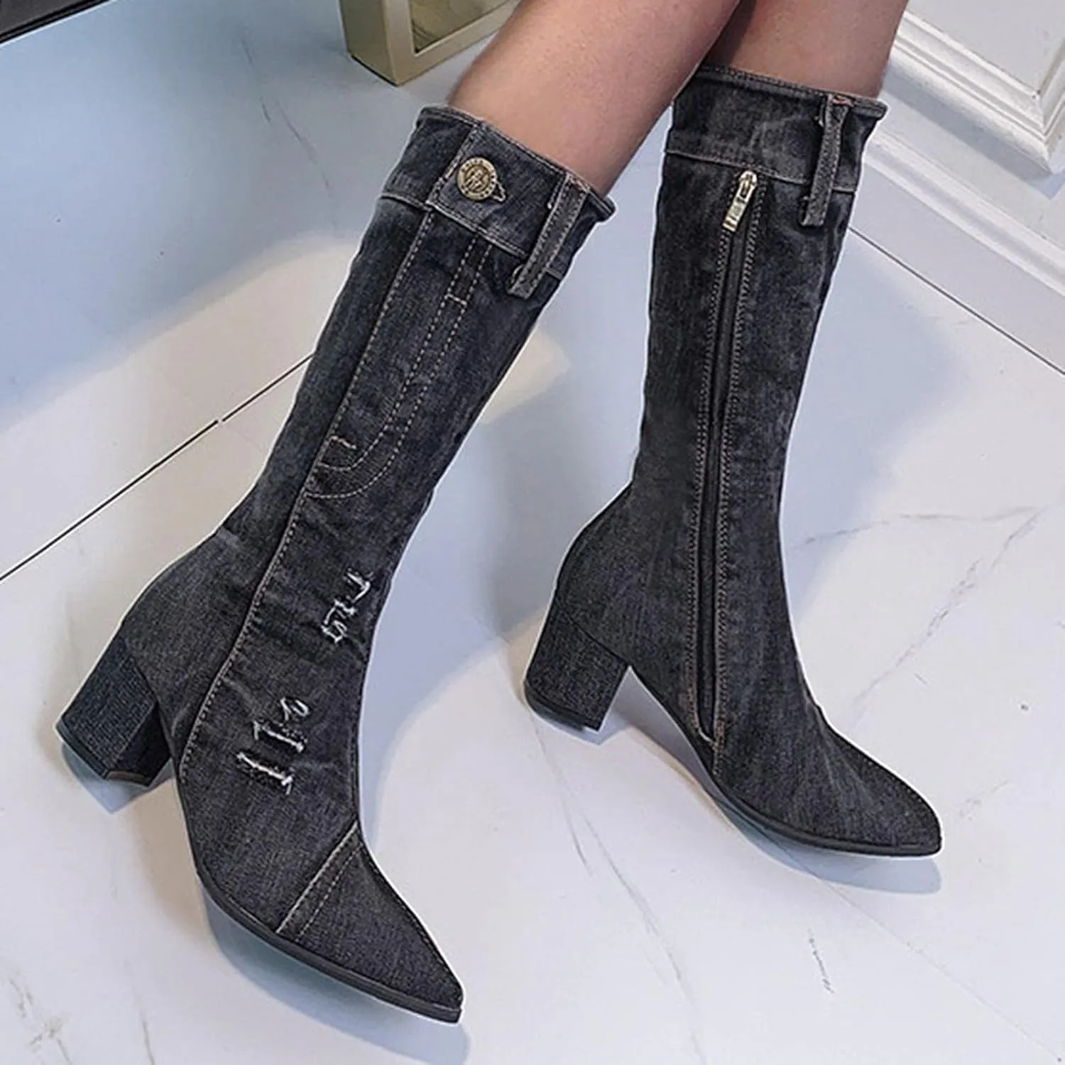 Hbeylia Knee High Jeans Tall Boots For Women Fashion Casual Punk Denim Pointed Toe Chunky Block Mid Heels Knee Length Long Boots Goth Winter Fall Dress Pump Boots For Ladies Night Party Favor
