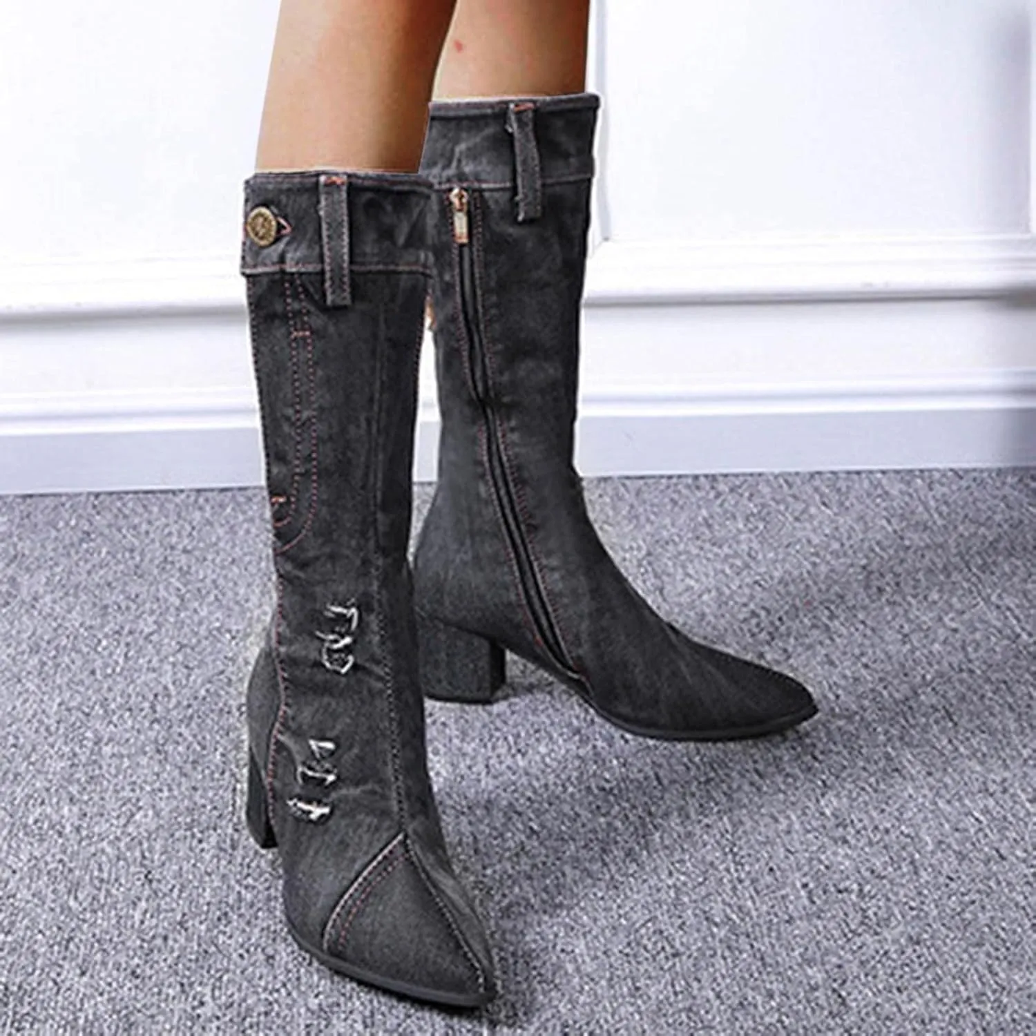 Hbeylia Knee High Jeans Tall Boots For Women Fashion Casual Punk Denim Pointed Toe Chunky Block Mid Heels Knee Length Long Boots Goth Winter Fall Dress Pump Boots For Ladies Night Party Favor