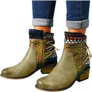 Hbeylia Vintage Boots For Women Ethnic Boho Leather Round Toe Lace Up Chunky Block Mid Heels Ankle Booties Bohemian Retro Steel Toe Dress Mid Calf Short Boots With Side Zipper For Ladies