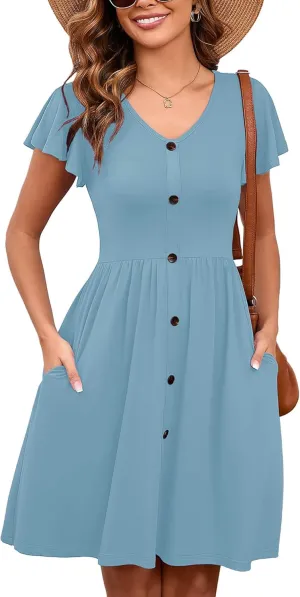 Heymoments Women Summer Dresses Ruffle Sleeve Casual V Neck Swing Button Down Midi Dress with Pockets