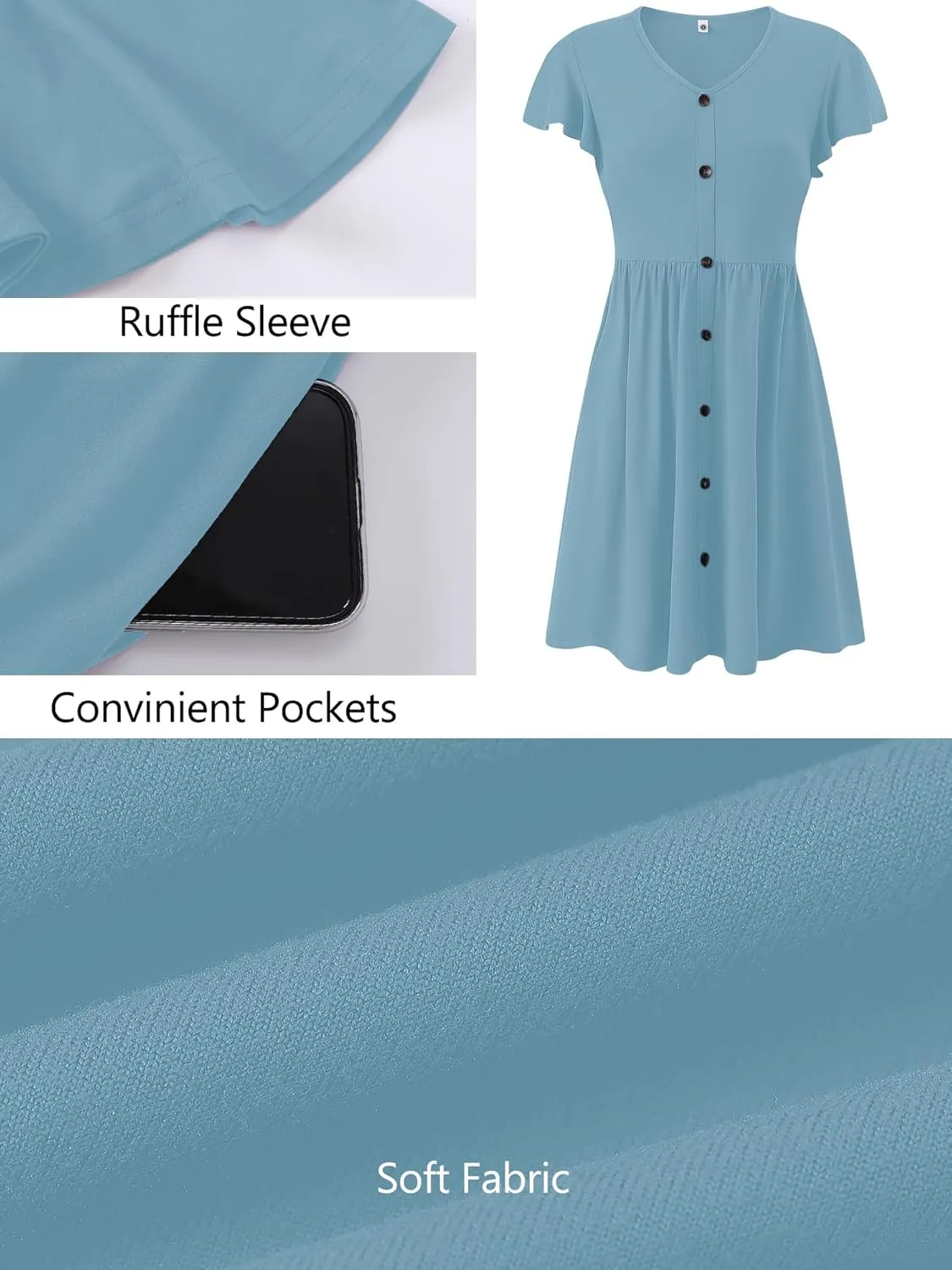 Heymoments Women Summer Dresses Ruffle Sleeve Casual V Neck Swing Button Down Midi Dress with Pockets