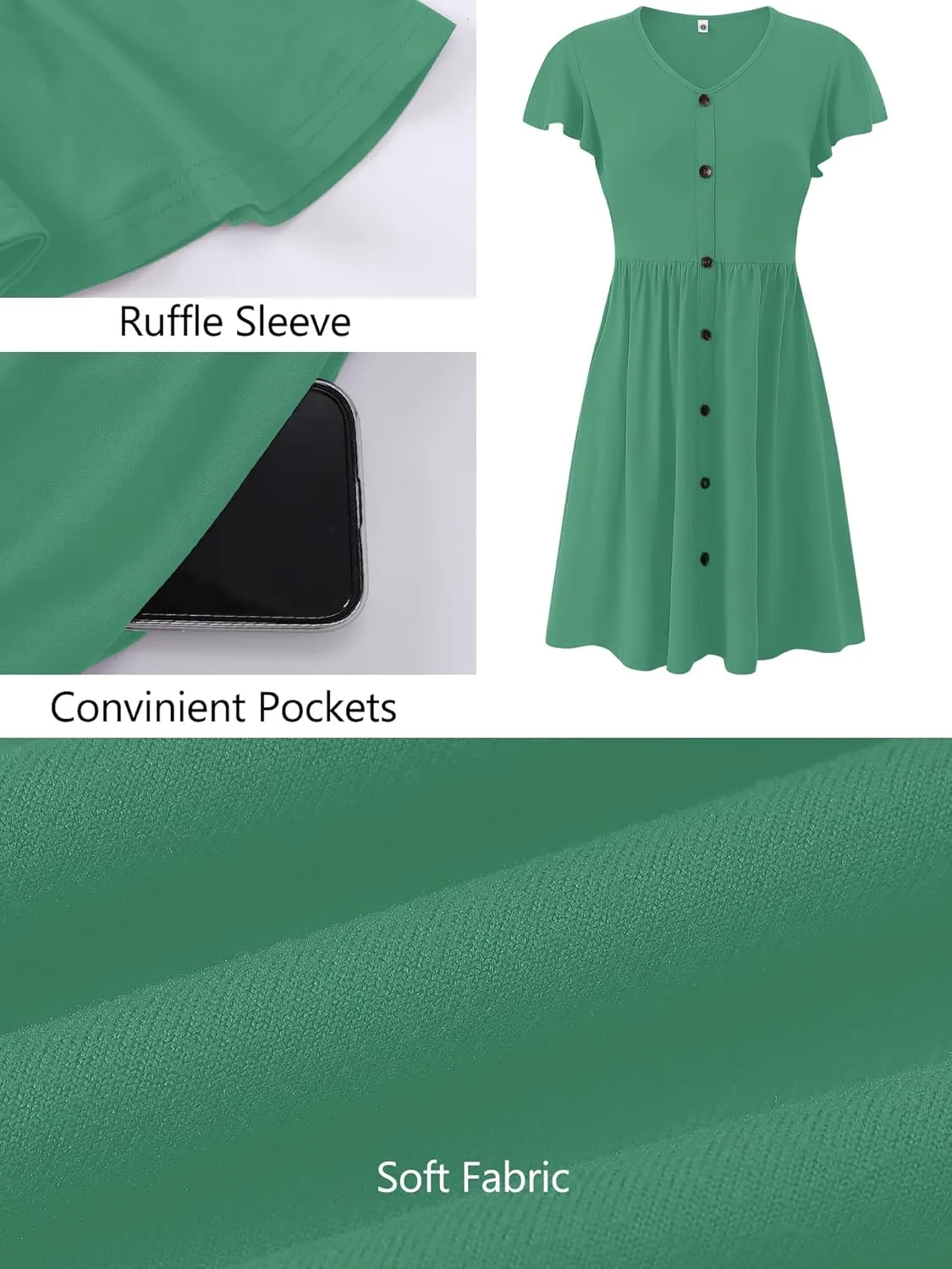 Heymoments Women Summer Dresses Ruffle Sleeve Casual V Neck Swing Button Down Midi Dress with Pockets