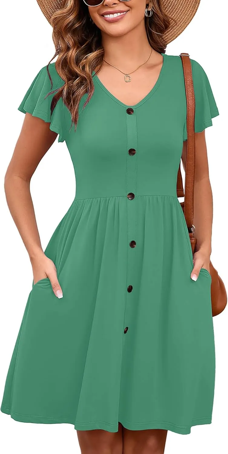 Heymoments Women Summer Dresses Ruffle Sleeve Casual V Neck Swing Button Down Midi Dress with Pockets