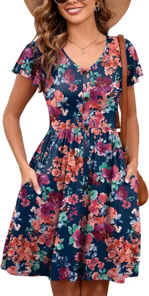 Heymoments Women Summer Dresses Ruffle Sleeve Casual V Neck Swing Button Down Midi Dress with Pockets