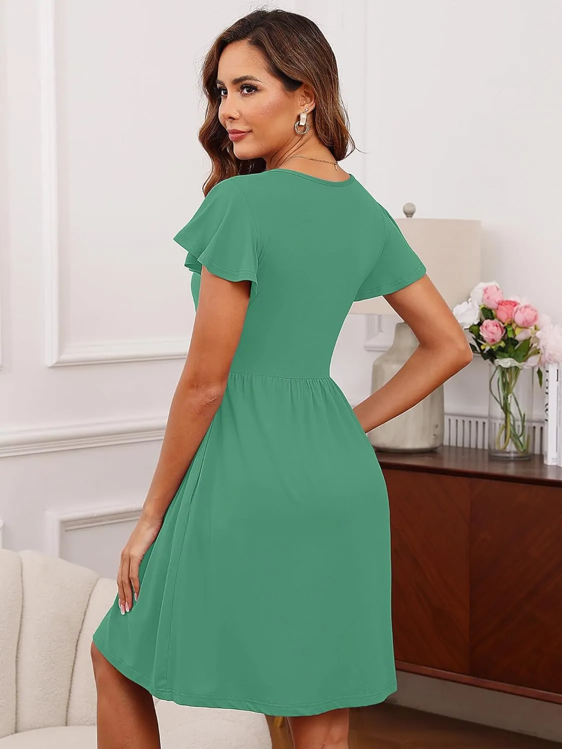 Heymoments Women Summer Dresses Ruffle Sleeve Casual V Neck Swing Button Down Midi Dress with Pockets