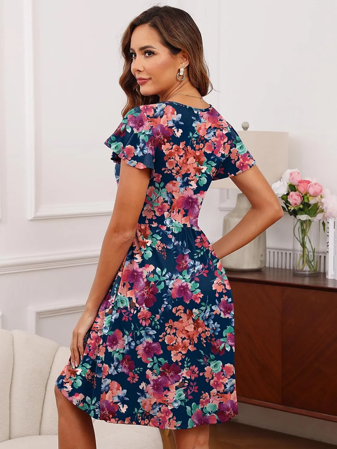 Heymoments Women Summer Dresses Ruffle Sleeve Casual V Neck Swing Button Down Midi Dress with Pockets