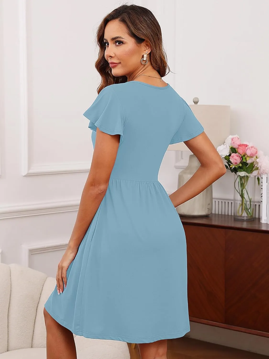 Heymoments Women Summer Dresses Ruffle Sleeve Casual V Neck Swing Button Down Midi Dress with Pockets