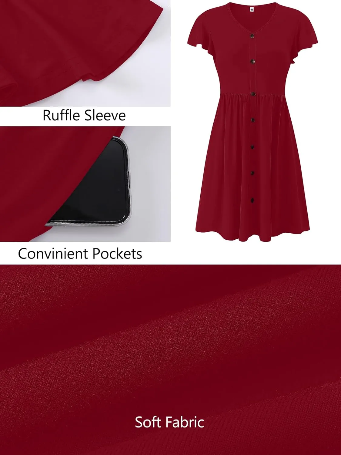 Heymoments Women Summer Dresses Ruffle Sleeve Casual V Neck Swing Button Down Midi Dress with Pockets