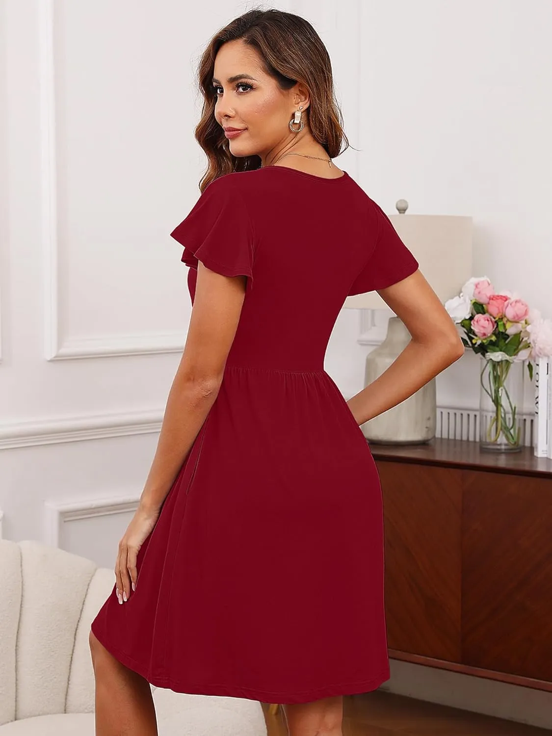 Heymoments Women Summer Dresses Ruffle Sleeve Casual V Neck Swing Button Down Midi Dress with Pockets