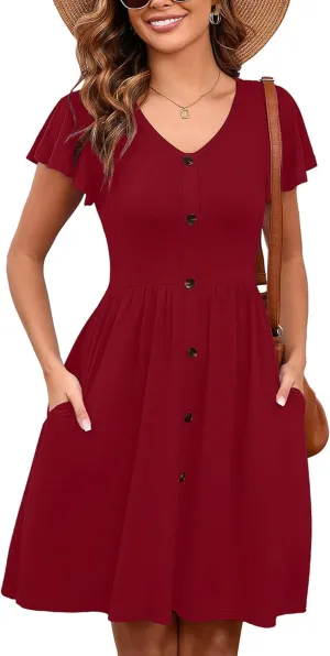 Heymoments Women Summer Dresses Ruffle Sleeve Casual V Neck Swing Button Down Midi Dress with Pockets
