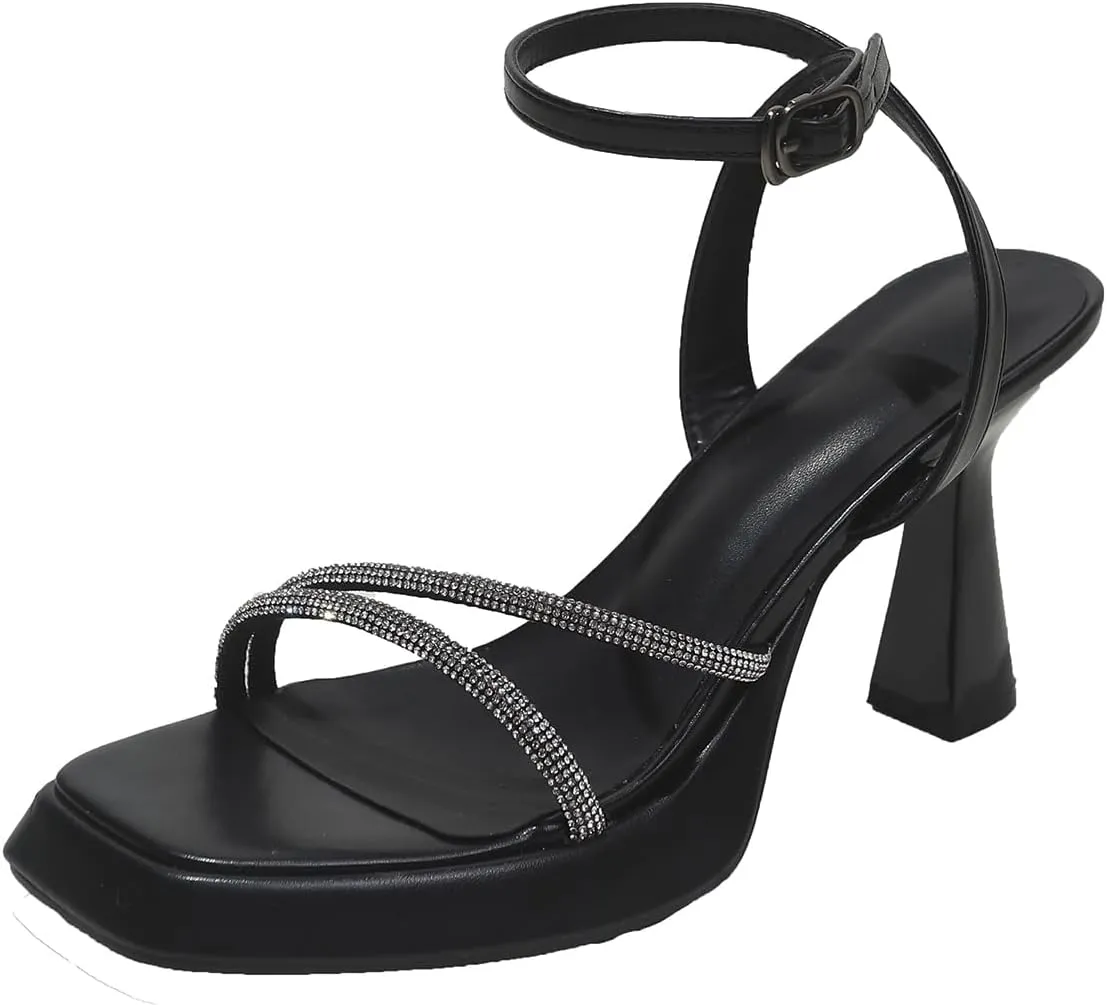 High Heels for Women's High Stilettos Heels Open Square Toe Ankle Strap Chunky Block Heels Sandals Wedding Bridal Party Prom Sexy Dress Shoes
