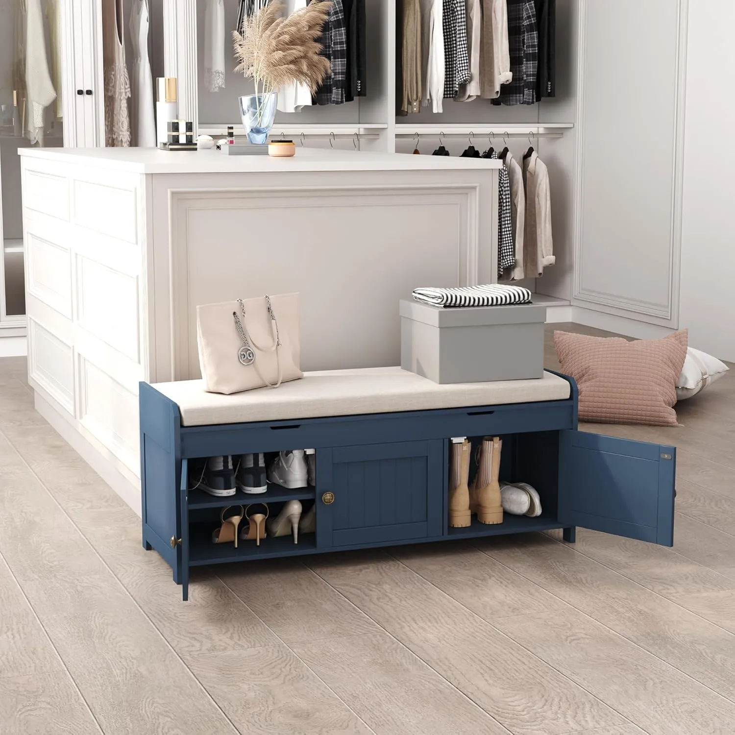HOMEFORT 41.3" Shoe Bench with Lift Top Storage, Entryway Bench with Cushioned Seat, Wooden End of Bed Bench, Shoe Cabinet Bench with Hidden Storage Space, for Bedroom, Hallway,Blue