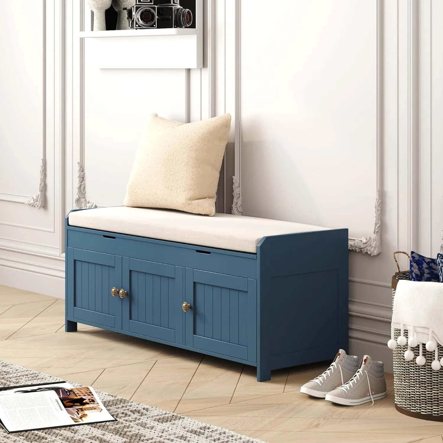 HOMEFORT 41.3" Shoe Bench with Lift Top Storage, Entryway Bench with Cushioned Seat, Wooden End of Bed Bench, Shoe Cabinet Bench with Hidden Storage Space, for Bedroom, Hallway,Blue