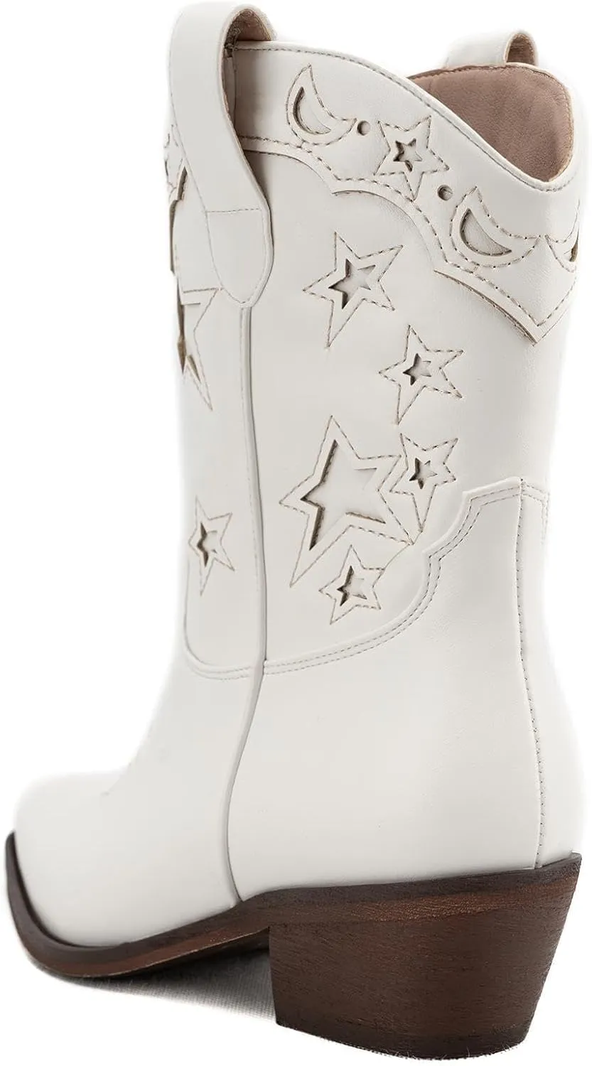 Huntarry Heart Boots for Women Red Cowboy Boots Embroidered Inlay Heart Knee High Round Toe Boots Chunky Heel Cowgirl Boots Valentines Day Boots