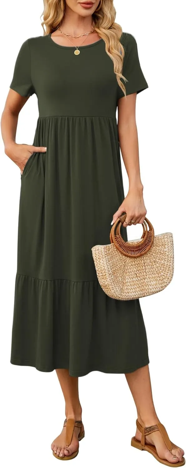 HUSKARY Women's Casual Dresses 2025 Summer Short Sleeve Crewneck Flowy Tiered Beach Causal Maxi Dress with Pockets