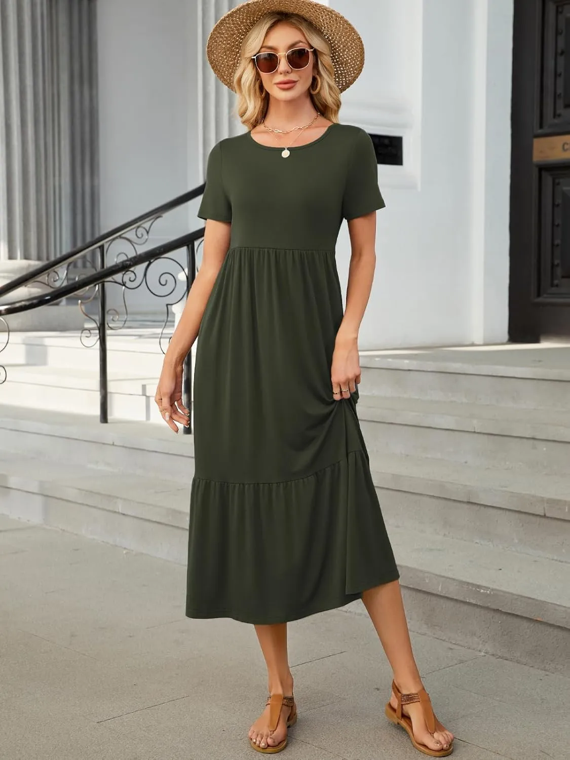 HUSKARY Women's Casual Dresses 2025 Summer Short Sleeve Crewneck Flowy Tiered Beach Causal Maxi Dress with Pockets