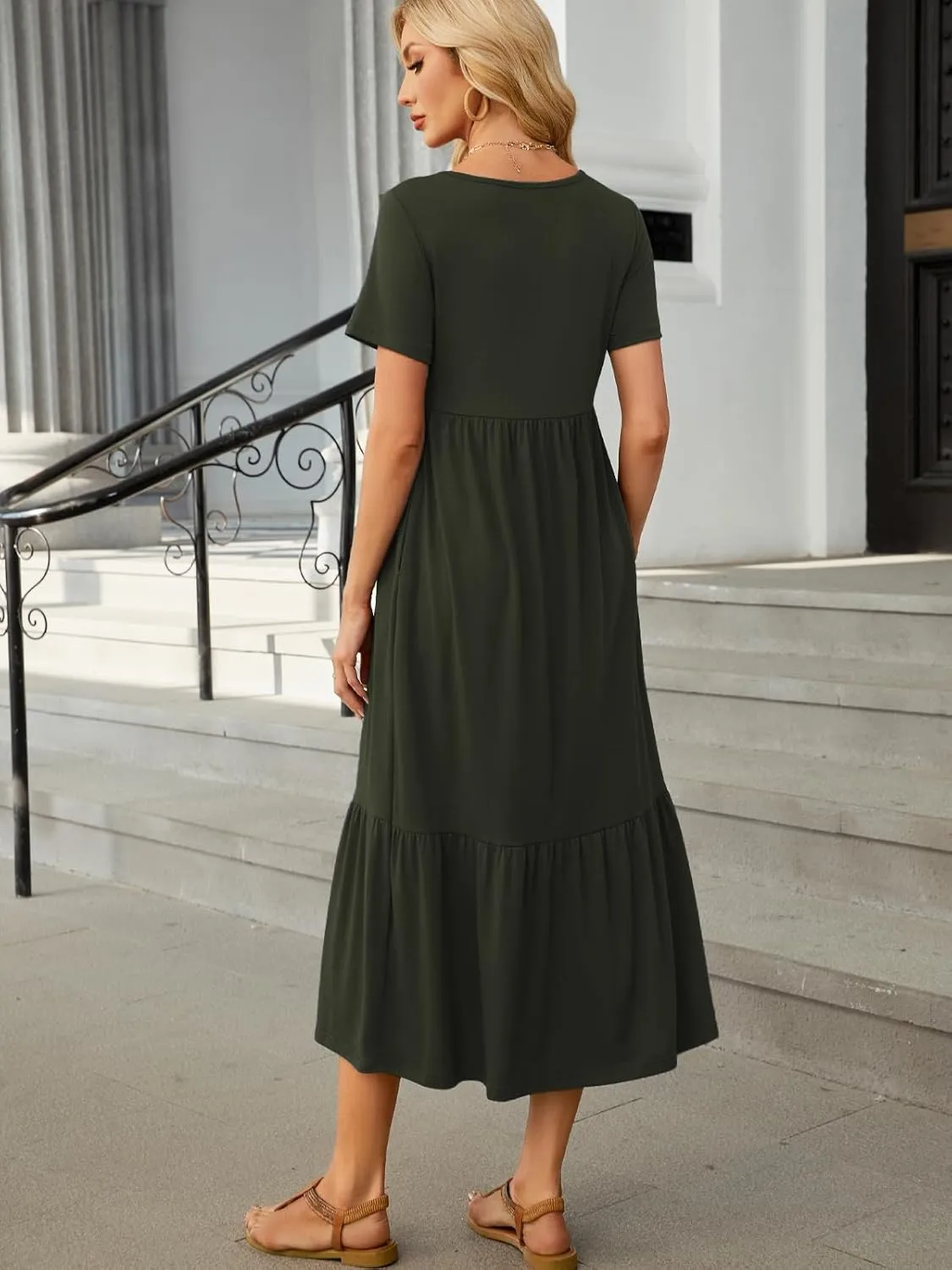 HUSKARY Women's Casual Dresses 2025 Summer Short Sleeve Crewneck Flowy Tiered Beach Causal Maxi Dress with Pockets