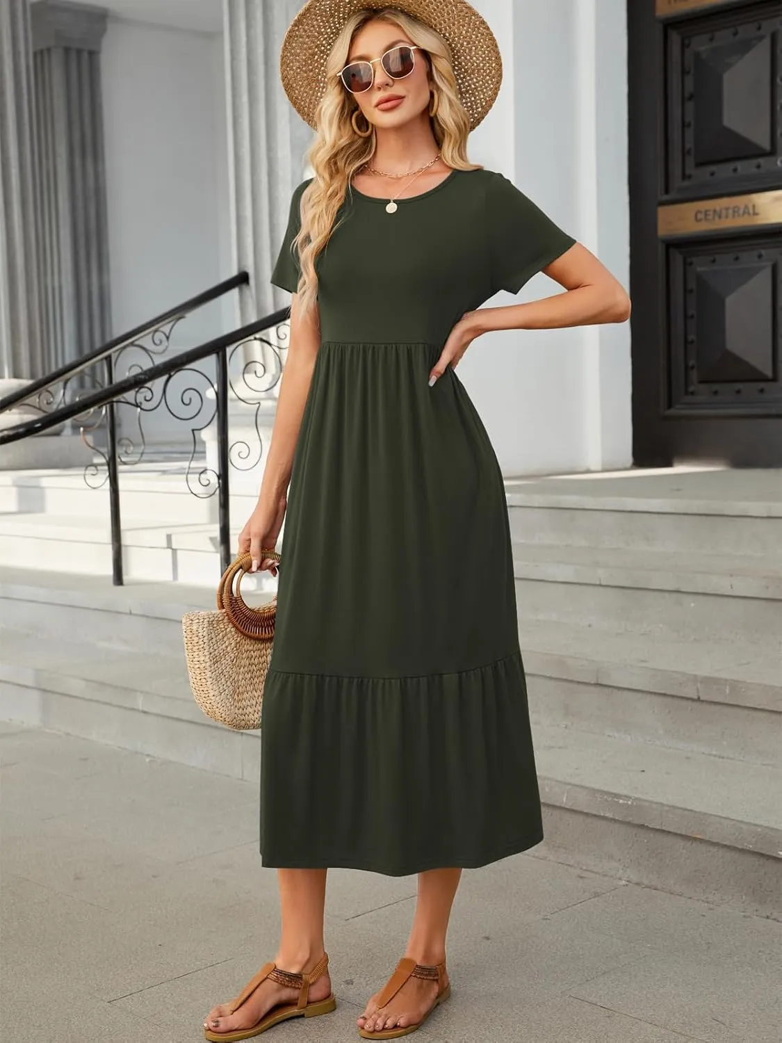 HUSKARY Women's Casual Dresses 2025 Summer Short Sleeve Crewneck Flowy Tiered Beach Causal Maxi Dress with Pockets