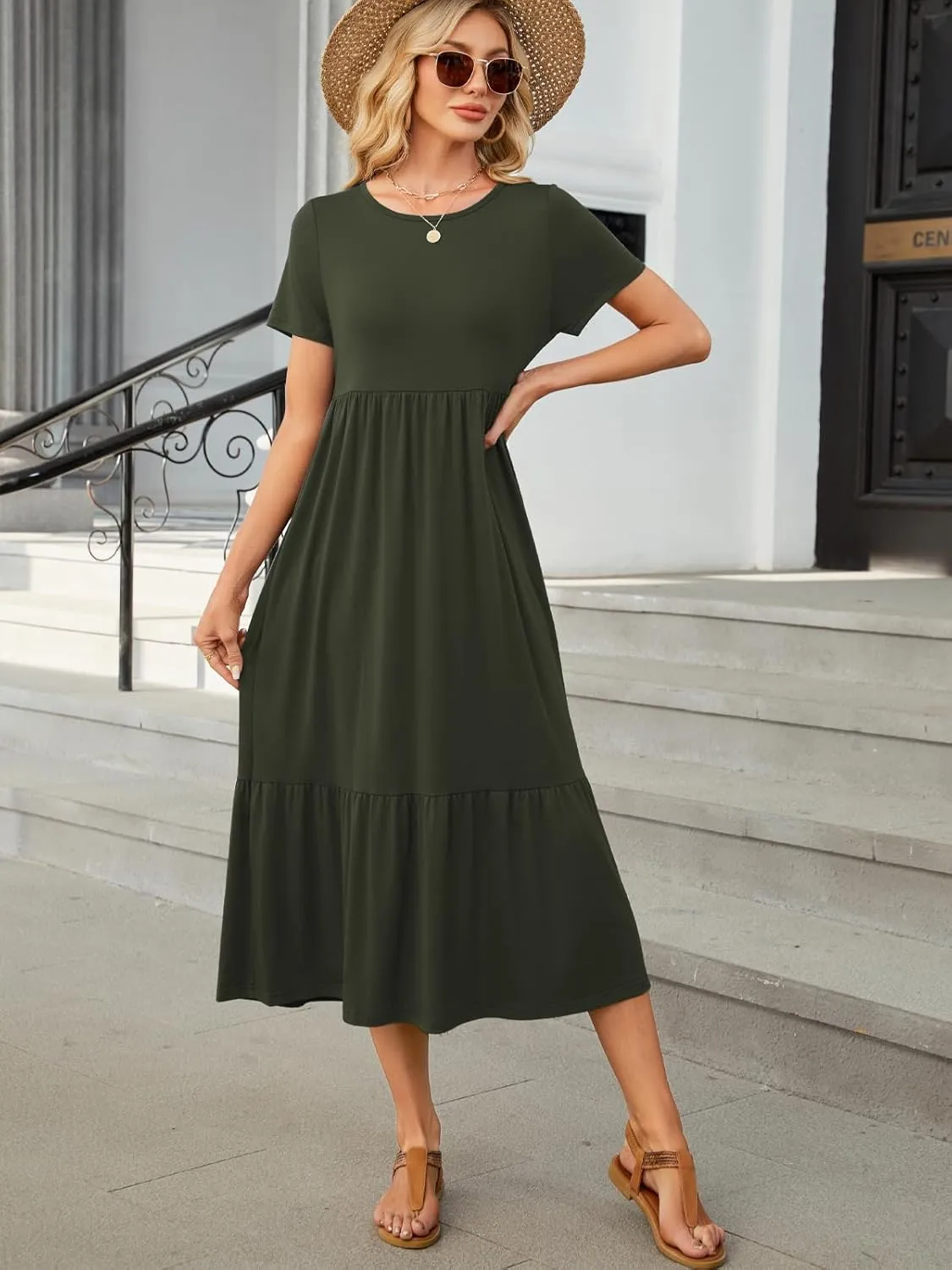 HUSKARY Women's Casual Dresses 2025 Summer Short Sleeve Crewneck Flowy Tiered Beach Causal Maxi Dress with Pockets