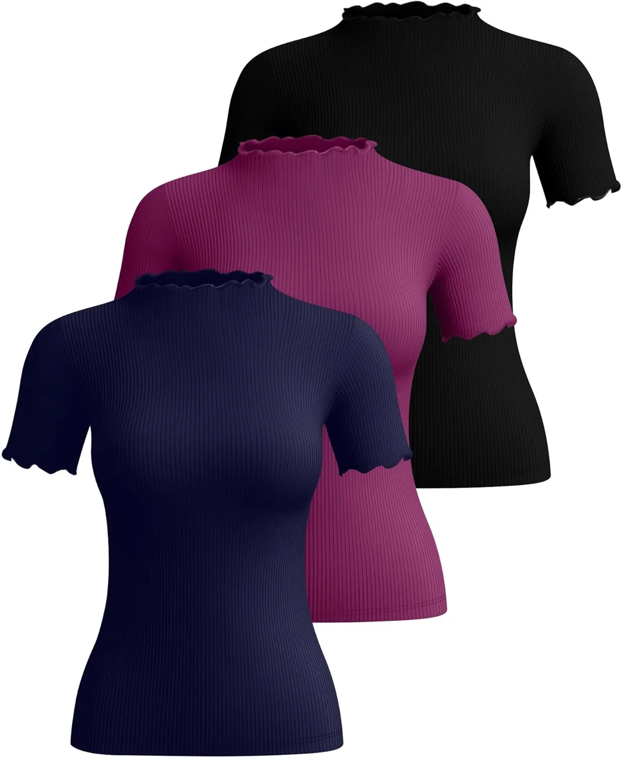 Huukeay 3 Pack Women's Mock Turtleneck Short Sleeve Tops Cotton Ribbed Lettuce Trim T Shirts Slim Fit Casual Base Tee