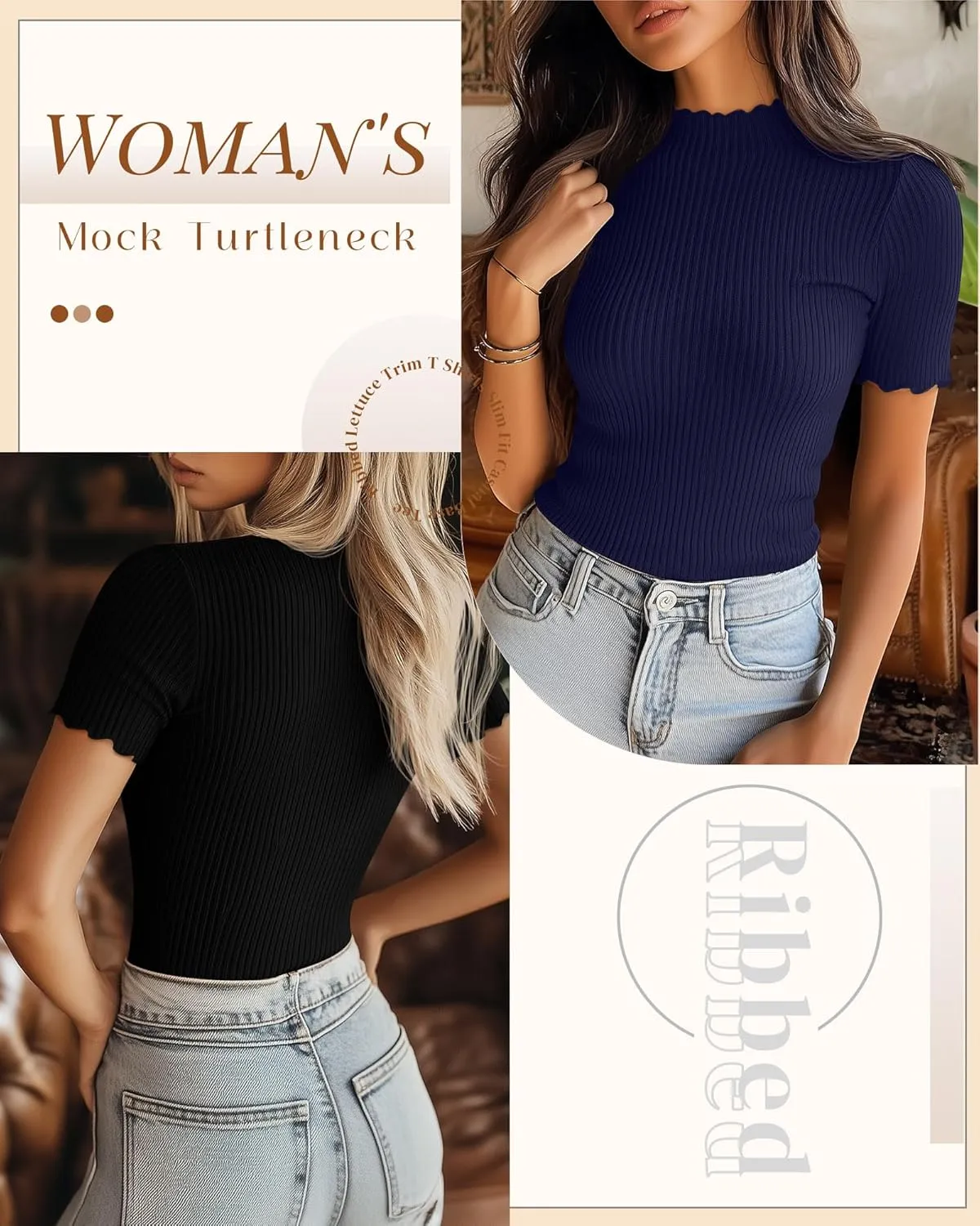 Huukeay 3 Pack Women's Mock Turtleneck Short Sleeve Tops Cotton Ribbed Lettuce Trim T Shirts Slim Fit Casual Base Tee