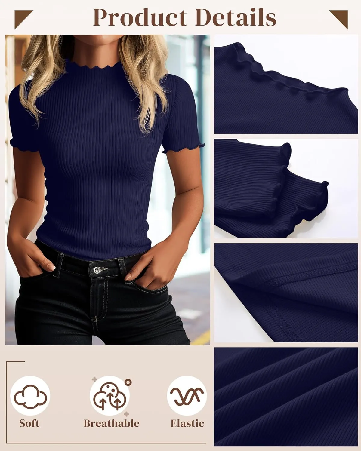 Huukeay 3 Pack Women's Mock Turtleneck Short Sleeve Tops Cotton Ribbed Lettuce Trim T Shirts Slim Fit Casual Base Tee